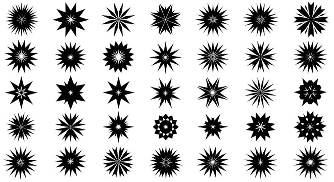 Collection of black starburst shapes on a white background, various designs.