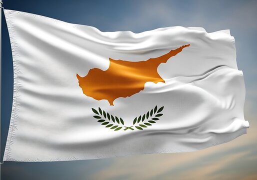 The official flag of the Republic of Cyprus waving proudly in the wind with detailed fabric texture against a cloudy sky