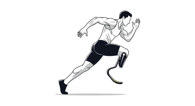 An athletic man with a prosthetic leg is depicted in a dynamic running pose presented as a striking silhouette high quality