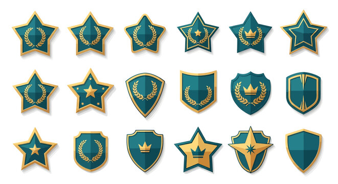 Collection of various star and shield shaped military badges and emblems.