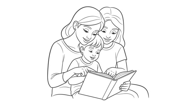 Family reading book line art vector, mother and children enjoying story time illustration, black and white coloring page for kids and parents
