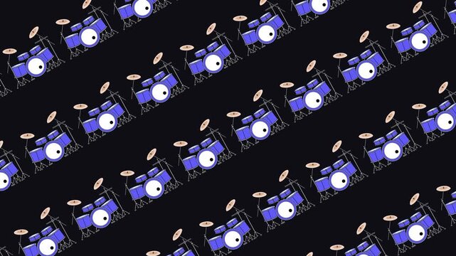Seamless pattern of blue drum set on an abstract background animation. Repeating drum kit pattern for music wallpaper design. Creative drum set seamless background for music theme projects.