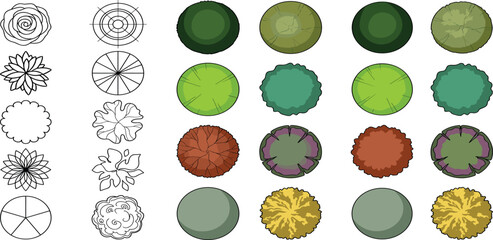 Fototapeta premium Diverse Collection of Architectural Tree and Shrub Top Views for Landscape Design Plans, Featuring Various Foliage Types in Both Outline and Vibrant Color Illustrations
