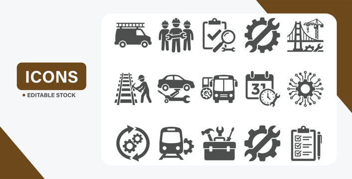 Maintenance and repair icon set: tools, transport, infrastructure, service schedules, and technical work symbols