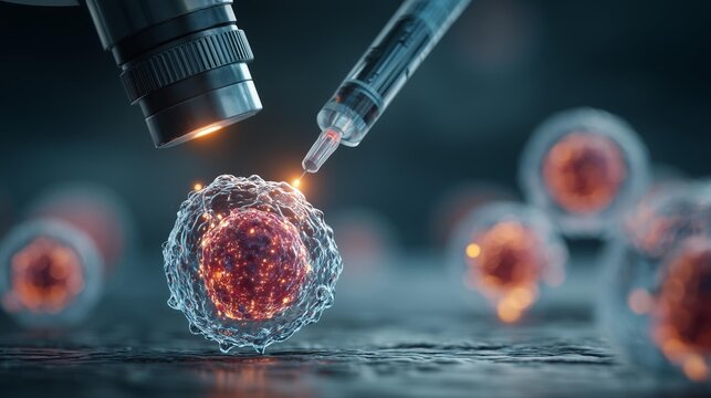 Microscopic view of a syringe needle injecting a cell under a laboratory microscope lens symbolizing advanced genetic research and biotechnology