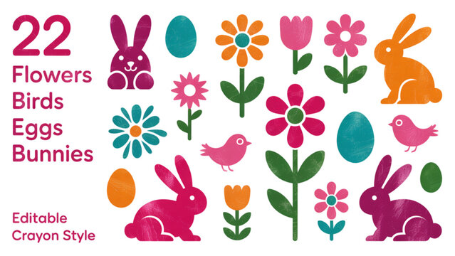 Vibrant collection of 22 colorful easter-themed illustrations featuring bunnies and flowers Vector