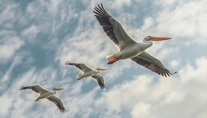Obraz premium Three majestic white pelicans glide effortlessly through a dynamic blue sky adorned with soft, scattered clouds.