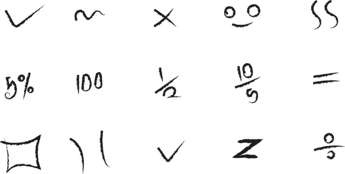 Collection of hand drawn scribble symbols including smiley faces math fractions and marks on a clean white background.