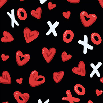 A playful pattern of red hearts and white XO symbols on a black background