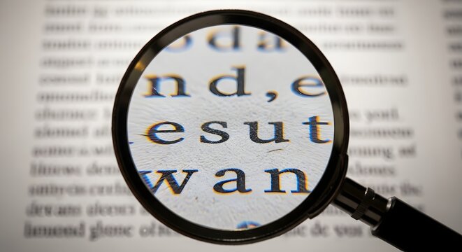 Magnifying glass over text, search, research, study, close-up detail.