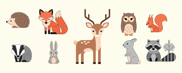 Fototapeta premium Cartoon woodland animals vector fox deer rabbit squirrel owl raccoon hedgehog badger illustration for kids education