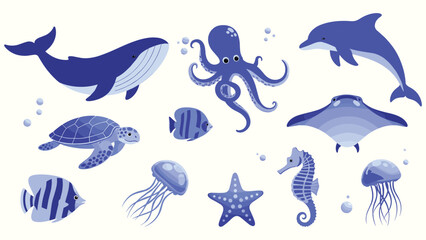 Obraz premium Sea animals vector set including whale octopus dolphin turtle jellyfish starfish and fish for marine designs