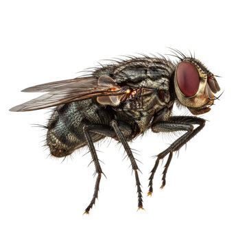 A single housefly specimen in full side profile view, showcasing dense bristled legs, chitinous exoskeleton, and ruby multifaceted eye on a transparent background, conveying the concept of the