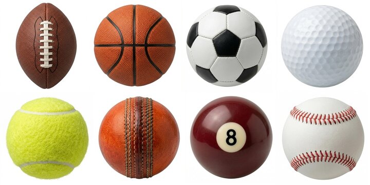 Set of sports balls including football, basketball, soccer, golf, tennis, cricket, pool 8-ball and baseball for athletic competition marketing.