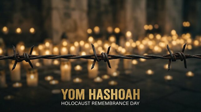 Yom Hashoah Holocaust Remembrance Day candles and barbed wire