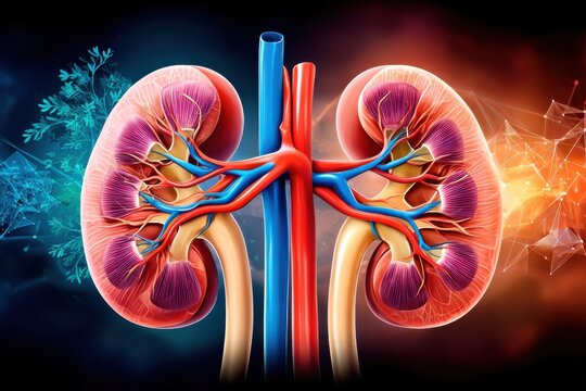 3D rendered medical illustration of human kidney anatomy showing renal vessels, cortex and medulla structures
