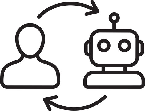 Outline vector icon of human and chatbot robot with exchange arrows representing artificial intelligence communication loop