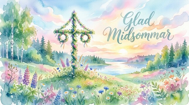 A watercolor-inspired digital illustration with soft gradients and flowing colors blending into floral shapes and sky elements, dreamy Scandinavian midsummer mood, elegant Swedish text Glad Midsommar