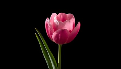 Fototapeta premium A solitary vibrant pink tulip flower stands elegantly upright showcasing its deep rich color and delicate petal texture against a pure stark black background in dramatic isolation
