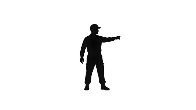 Silhouette of a man pointing to the side in a baseball cap and casual clothes on white background