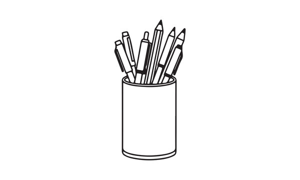 Pencil and pen holder with writing instruments, line art.