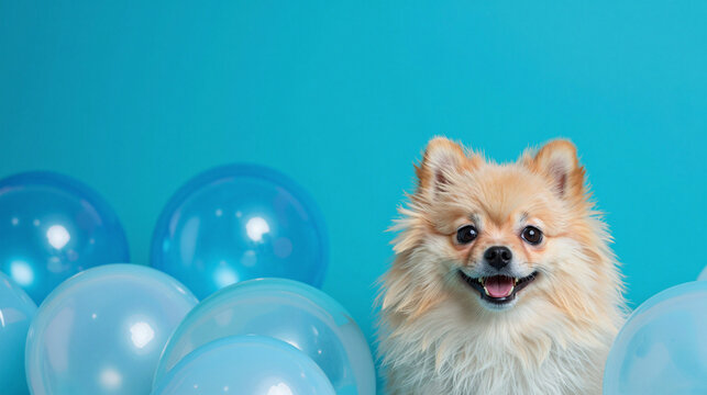 Pomeranian dog surrounded by blue balloons.