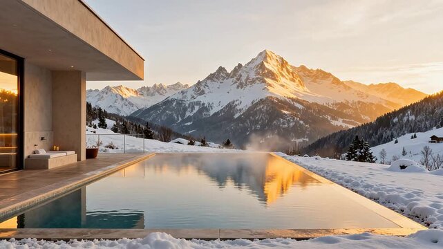 Modern pool in snowy mountain landscape