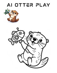 Obraz premium Cute cartoon otter holding a toy fish, outline for coloring.