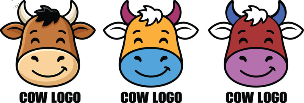 Three cartoon cow heads with different colors and smiling faces