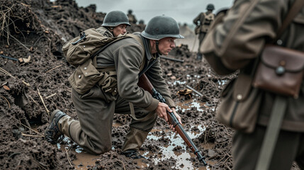 Fototapeta premium Group of soldiers in World War I uniforms in muddy terrain.