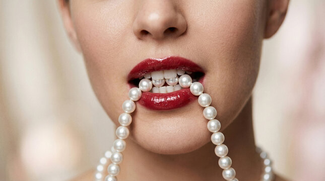 Close-up of woman's glossy red lips biting a white pearl necklace; sensual beauty and luxury jewelry advertising concept, romantic makeup, passion, and elegance