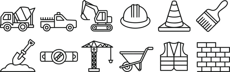 Construction site equipment and tools line icon set for building industry © Canvas 71