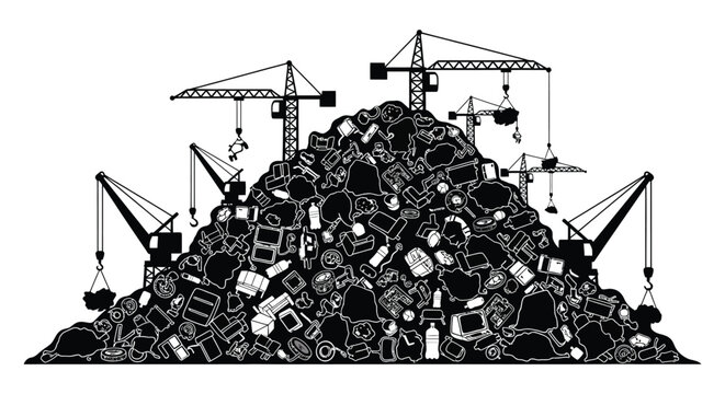 A stark illustration depicts construction cranes looming over a massive pile of waste a commentary on consumption silhouette high quality