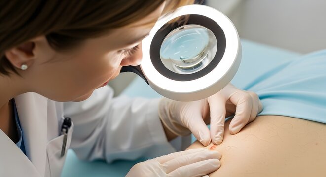 A doctor examines a mole on a patient's skin with a dermatoscope