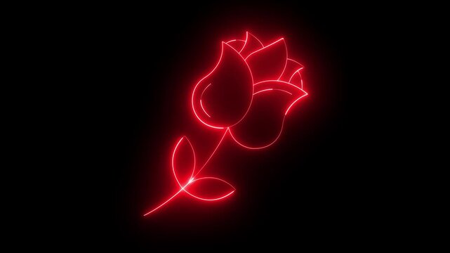 glowing neon rose icon isolated on black background. Flower animation. 4k video animation.