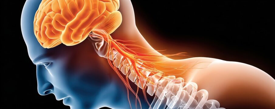 Medical illustration of the brain and cervical spine with highlighted nerves and spinal cord in orange
