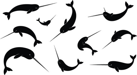 Collection of narwhal silhouettes showing various swimming poses on white background © Canvas 71