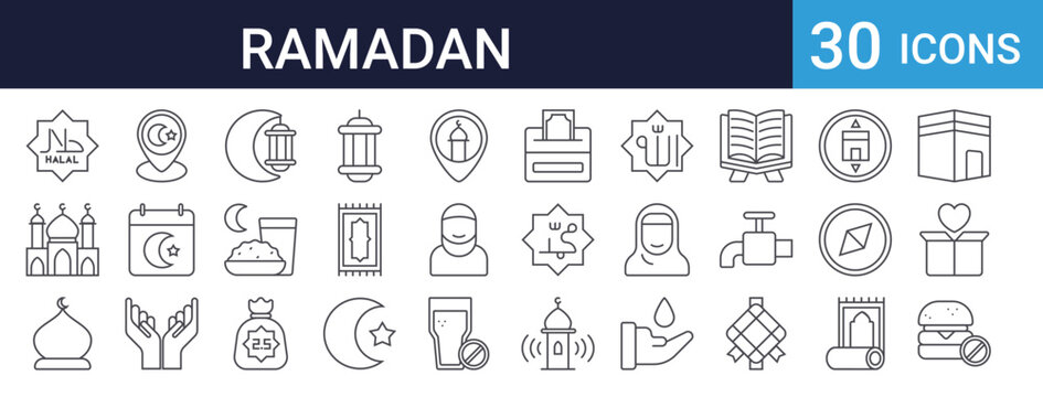 Ramadan Islamic Icons Set of 30 Thin Line Vector