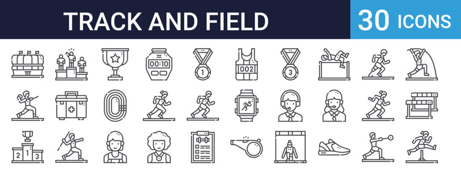 Track and Field Sports Set of 30 Thin Line Vector Icons