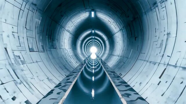 Symmetrical industrial tunnel interior with illuminated circular opening and reflective floor creating strong perspective and depth