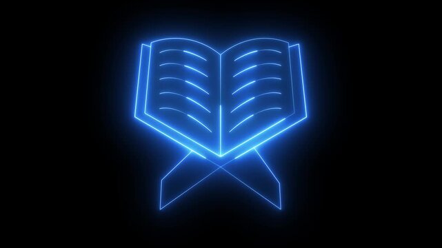 glowing neon quran icon isolated on black background. Quran Holy Book of Rehal Stand Islamic Icon. The holy scripture on a traditional wooden stand for Islamic religion, reading prayer. 4k video.