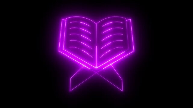 glowing neon quran icon isolated on black background. Quran Holy Book of Rehal Stand Islamic Icon. The holy scripture on a traditional wooden stand for Islamic religion, reading prayer. 4k video.