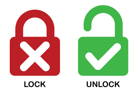 Protection and security lock red and green tick and cross icon. Lock and unlock icons.  password correct and incorrect icon lock style. Vector illustration. 