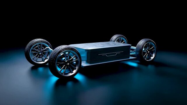 Electric vehicle chassis with exposed battery pack and four wheels on dark studio floor showing modern automotive engineering platform