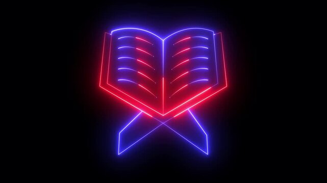 glowing neon Quran icon isolated on black background. Quran Holy Book of Rehal Stand Islamic Icon. The holy scripture on a traditional wooden stand for Islamic religion, reading prayer. 4k video.
