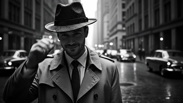 Cinematic Man in Hat and Trench Coat - A man in a fedora and trench coat smiles at the camera. The background is an urban street with vintage cars and buildings in black and white.