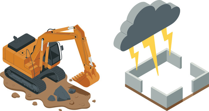 Isometric construction hazard concept, excavator working on ground with lightning storm over foundation, risk assessment, safety warning, disaster illustration