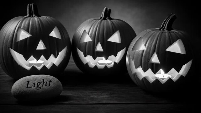 Halloween Jack O'Lanterns Cinematic - This cinematic black and white video features three carved Halloween pumpkins, lit from within, sitting on a wood surface.