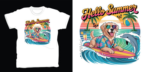 Obraz premium Golden retriever surfing with dolphin on tropical beach t-shirt vector design x.