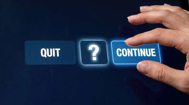 Hand pressing continue button with quit and question mark buttons on dark background  technology and decision making concept